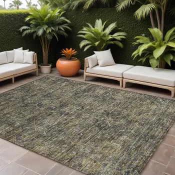 10' X 14' Dark Moss Green and Gray Oriental Washable Non Skid Indoor Outdoor Area Rug