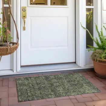 2' X 3' Moss Green and Gray Oriental Washable Non Skid Indoor Outdoor Area Rug