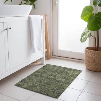 2' X 3' Moss Green and Gray Oriental Washable Non Skid Indoor Outdoor Area Rug