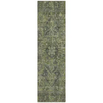 8' Runner Moss Green and Gray Oriental Washable Non Skid Indoor Outdoor Runner Rug