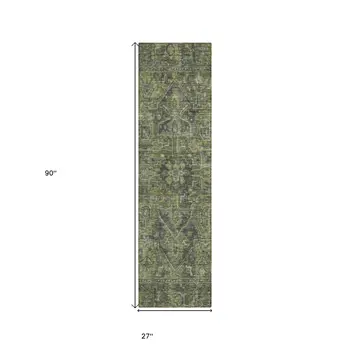 8' Runner Moss Green and Gray Oriental Washable Non Skid Indoor Outdoor Runner Rug