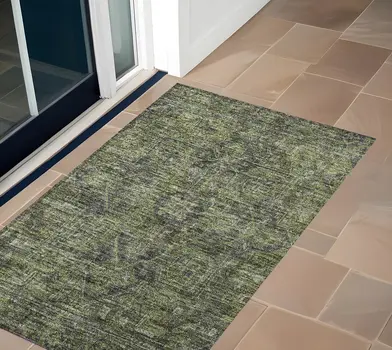 3' X 5' Moss Green And Gray Oriental Washable Indoor Outdoor Area Rug