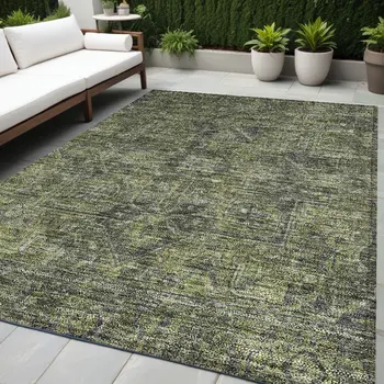 5' X 8' Moss Green and Gray Oriental Washable Non Skid Indoor Outdoor Area Rug