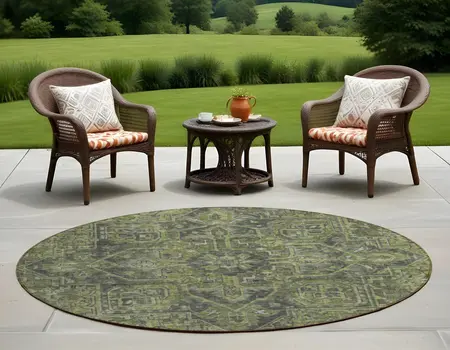 8' Round Moss Green and Gray Round Oriental Washable Non Skid Indoor Outdoor Area Rug
