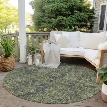 8' Round Moss Green and Gray Round Oriental Washable Non Skid Indoor Outdoor Area Rug