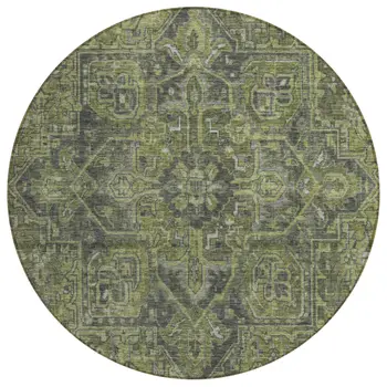 8' Round Moss Green and Gray Round Oriental Washable Non Skid Indoor Outdoor Area Rug