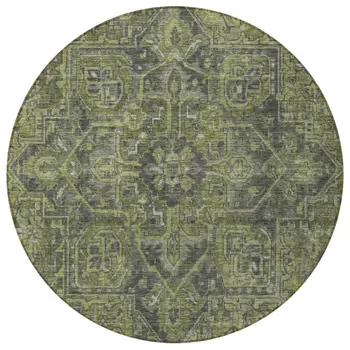 8' Round Moss Green and Gray Round Oriental Washable Non Skid Indoor Outdoor Area Rug