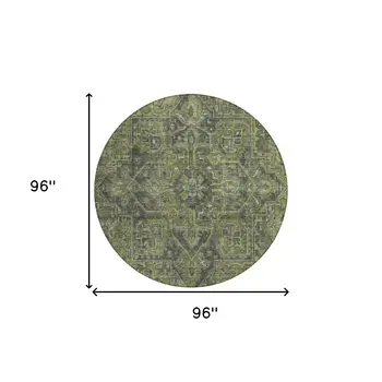 8' Round Moss Green and Gray Round Oriental Washable Non Skid Indoor Outdoor Area Rug
