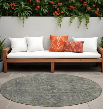 8' Round Brown and Black Round Oriental Washable Non Skid Indoor Outdoor Area Rug