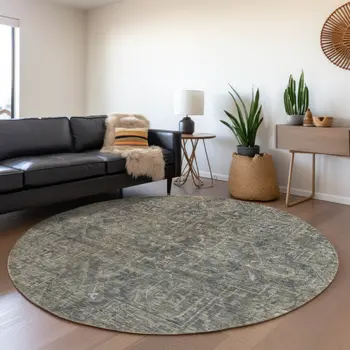 8' Round Brown and Black Round Oriental Washable Non Skid Indoor Outdoor Area Rug
