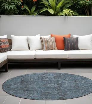 8' Black Round Oriental Washable Indoor Outdoor Area Rug