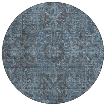 8' Black Round Oriental Washable Indoor Outdoor Area Rug