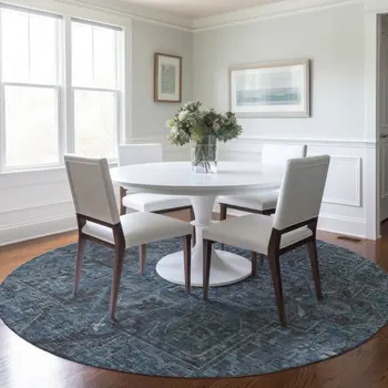 8' Black Round Oriental Washable Indoor Outdoor Area Rug