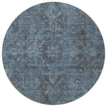 8' Black Round Oriental Washable Indoor Outdoor Area Rug