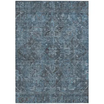 9' X 12' Navy and Black Oriental Washable Non Skid Indoor Outdoor Area Rug