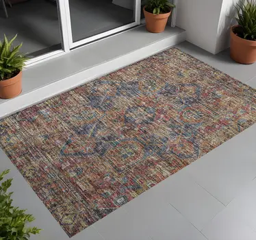 2' X 3' Red Orange and Blue Oriental Washable Non Skid Indoor Outdoor Area Rug