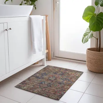 2' X 3' Red Orange and Blue Oriental Washable Non Skid Indoor Outdoor Area Rug