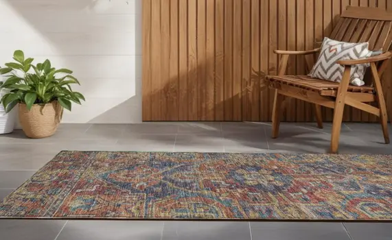 8' Runner Red Orange and Blue Oriental Washable Non Skid Indoor Outdoor Runner Rug