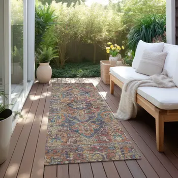 8' Runner Red Orange and Blue Oriental Washable Non Skid Indoor Outdoor Runner Rug