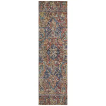 8' Runner Red Orange and Blue Oriental Washable Non Skid Indoor Outdoor Runner Rug