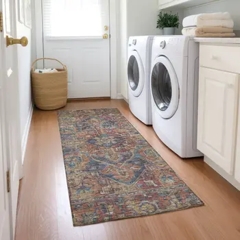 8' Runner Red Orange and Blue Oriental Washable Non Skid Indoor Outdoor Runner Rug