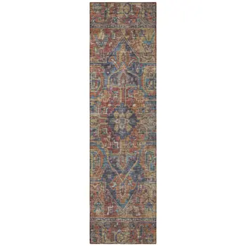 8' Runner Red Orange and Blue Oriental Washable Non Skid Indoor Outdoor Runner Rug