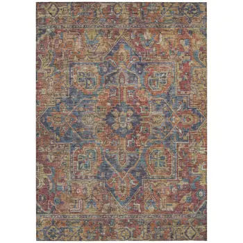 3' X 5' Red Orange And Blue Oriental Washable Indoor Outdoor Area Rug