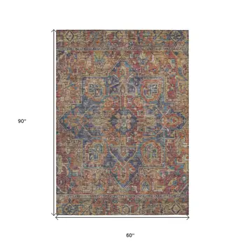 5' X 8' Red Orange and Blue Oriental Washable Non Skid Indoor Outdoor Area Rug