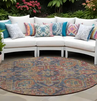 8' Red Orange And Blue Round Oriental Washable Indoor Outdoor Area Rug