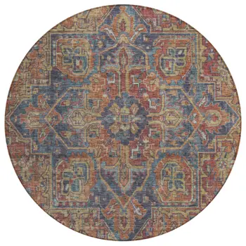 8' Red Orange And Blue Round Oriental Washable Indoor Outdoor Area Rug