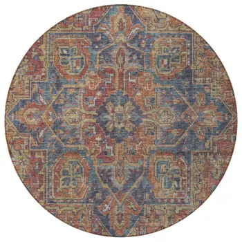 8' Red Orange And Blue Round Oriental Washable Indoor Outdoor Area Rug