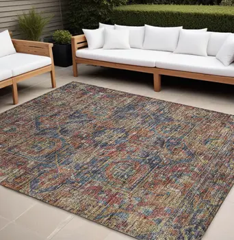 9' X 12' Red Orange and Blue Oriental Washable Non Skid Indoor Outdoor Area Rug