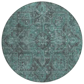 8' Round Turquoise Round Oriental Washable Non Skid Indoor Outdoor Area Rug