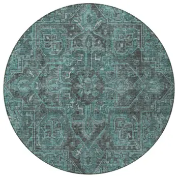 8' Round Turquoise Round Oriental Washable Non Skid Indoor Outdoor Area Rug