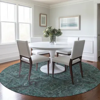 8' Round Turquoise Round Oriental Washable Non Skid Indoor Outdoor Area Rug