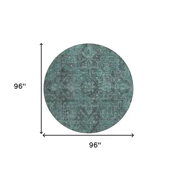 8' Round Turquoise Round Oriental Washable Non Skid Indoor Outdoor Area Rug