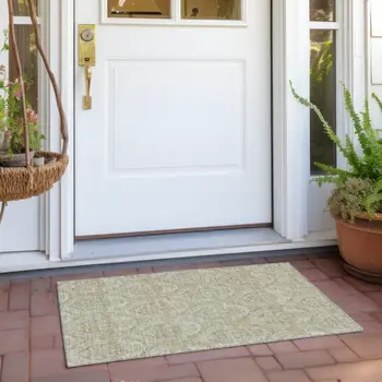 2' X 3' Light Green Damask Washable Non Skid Indoor Outdoor Area Rug
