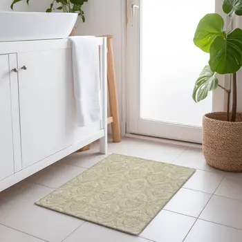 2' X 3' Light Green Damask Washable Non Skid Indoor Outdoor Area Rug