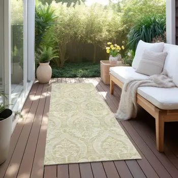 8' Runner Light Green Damask Washable Non Skid Indoor Outdoor Runner Rug