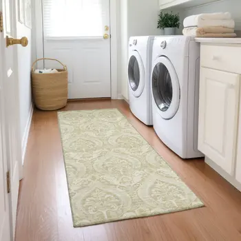 8' Runner Light Green Damask Washable Non Skid Indoor Outdoor Runner Rug