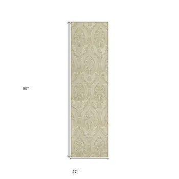 8' Runner Light Green Damask Washable Non Skid Indoor Outdoor Runner Rug
