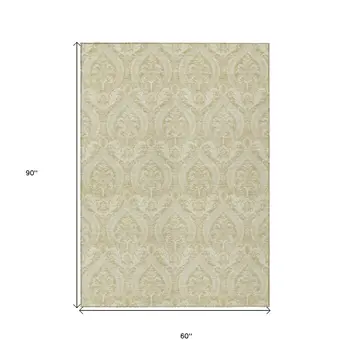 5' X 8' Light Green Damask Washable Indoor Outdoor Area Rug