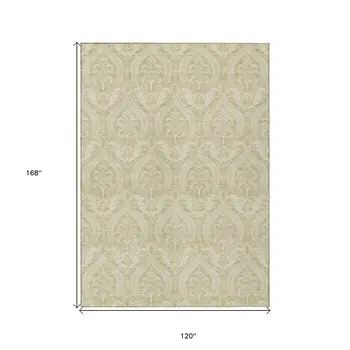 10' X 14' Light Green Damask Washable Non Skid Indoor Outdoor Area Rug