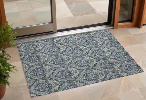 2' X 3' Blue and Cream Damask Washable Non Skid Indoor Outdoor Area Rug