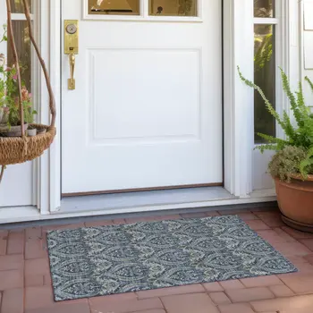 2' X 3' Blue and Cream Damask Washable Non Skid Indoor Outdoor Area Rug