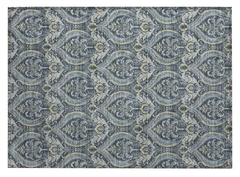 2' X 3' Blue and Cream Damask Washable Non Skid Indoor Outdoor Area Rug