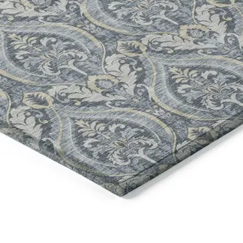 2' X 3' Blue and Cream Damask Washable Non Skid Indoor Outdoor Area Rug