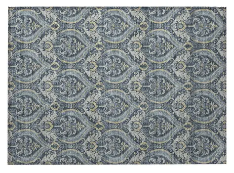 2' X 3' Blue and Cream Damask Washable Non Skid Indoor Outdoor Area Rug