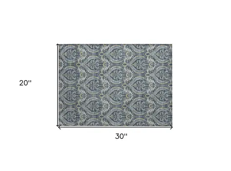 2' X 3' Blue and Cream Damask Washable Non Skid Indoor Outdoor Area Rug