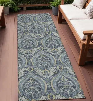 8' Runner Blue and Cream Damask Washable Non Skid Indoor Outdoor Runner Rug